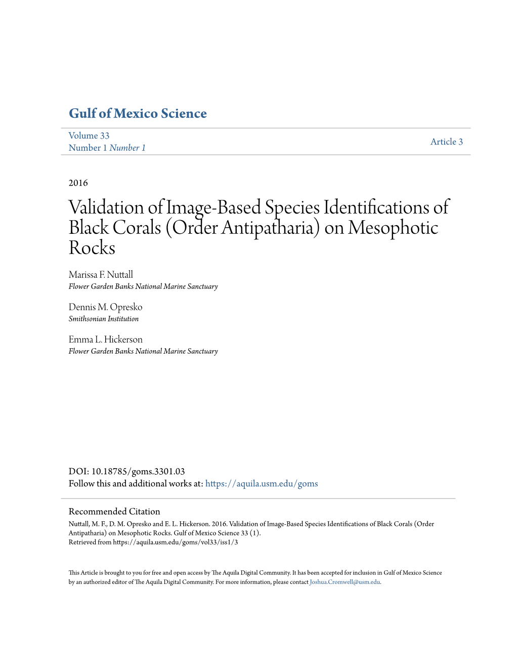 Validation of Image-Based Species Identifications of Black Corals (Order Antipatharia) on Mesophotic Rocks Marissa F