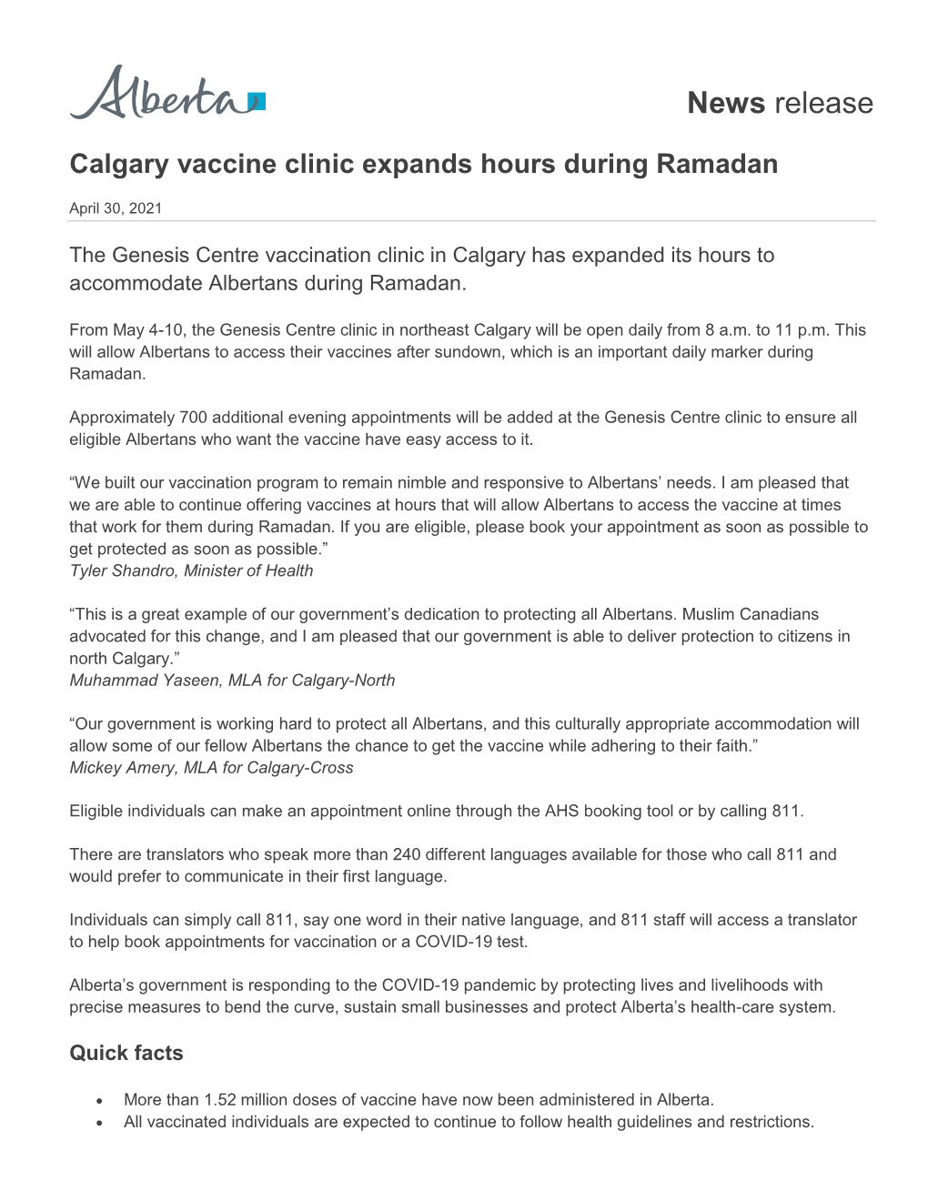 Calgary Vaccine Clinic Expands Hours During Ramadan
