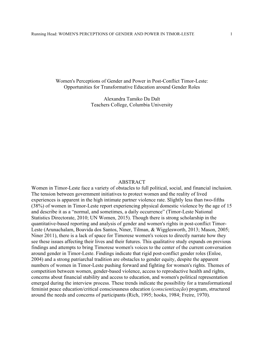 Women's Perceptions of Gender and Power in Post-Conflict Timor-Leste: Opportunities for Transformative Education Around Gender Roles