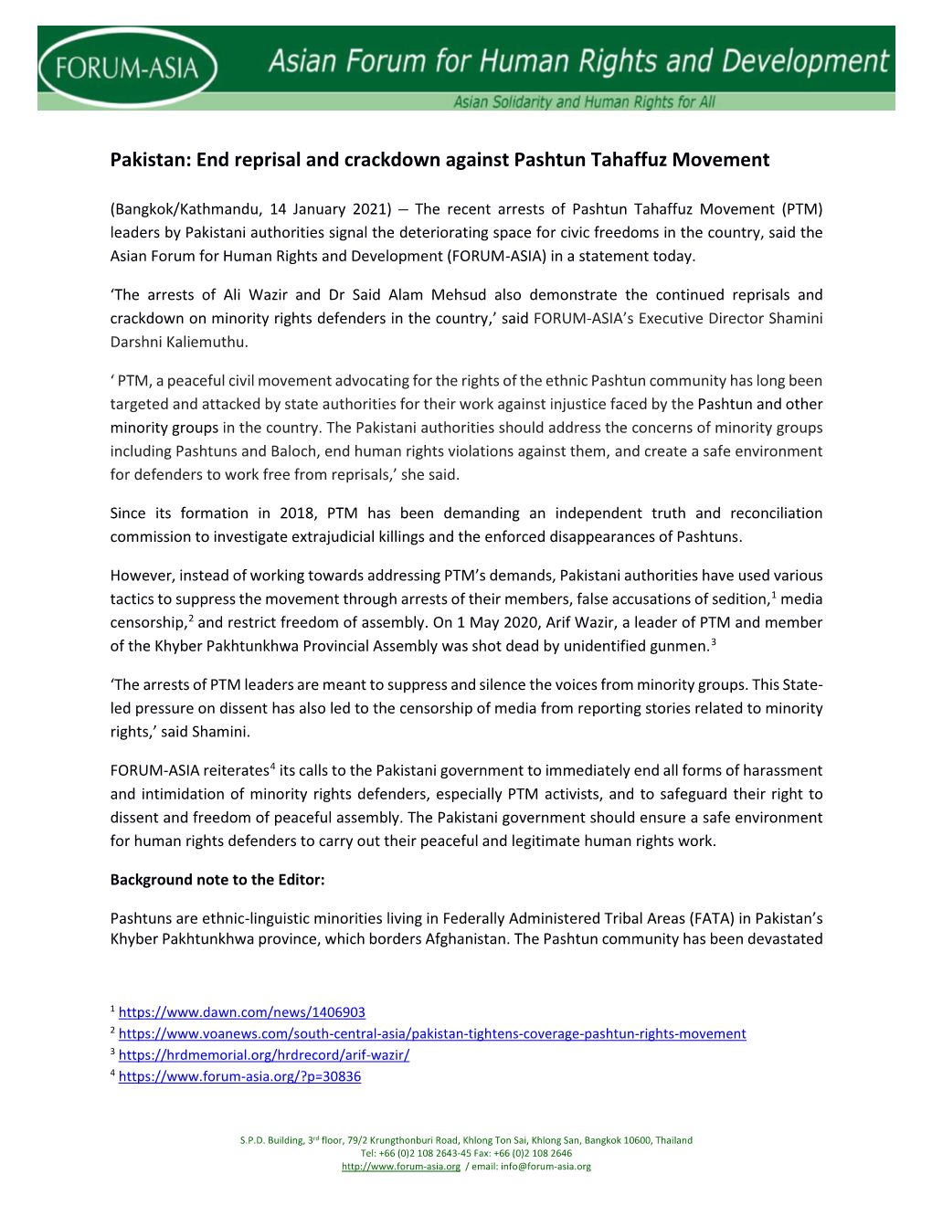 Pakistan: End Reprisal and Crackdown Against Pashtun Tahaffuz Movement