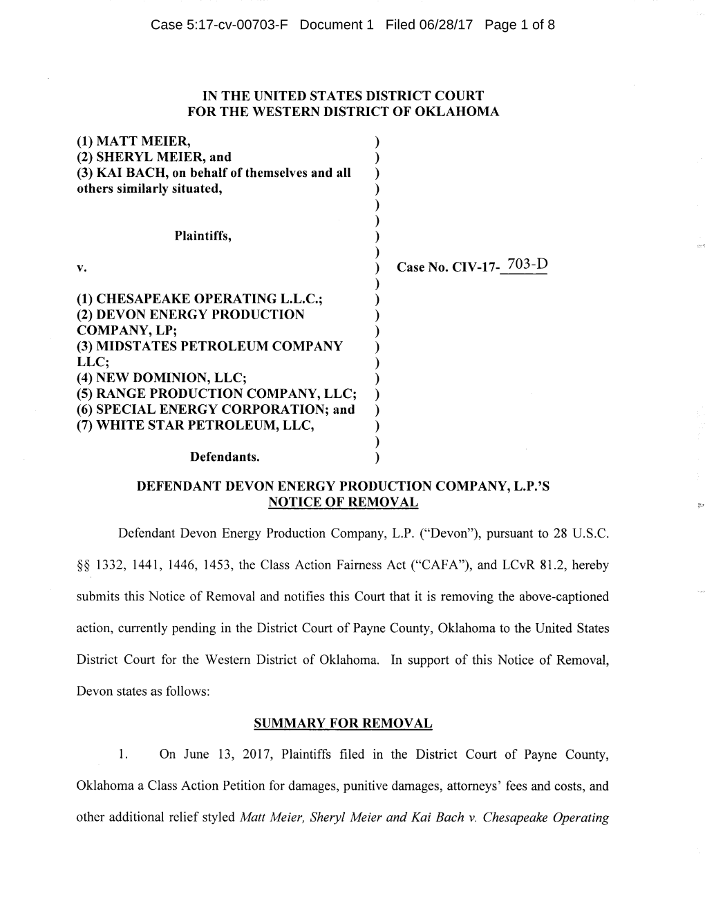 Case 5:17-Cv-00703-F Document 1 Filed 06/28/17 Page 1 of 8