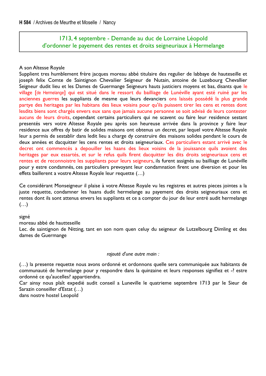 1713, 4 Septembre - Demande Au Duc De Lorraine Léopold D'ordonner Le Payement Des Rentes Et Droits Seigneuriaux À Hermelange