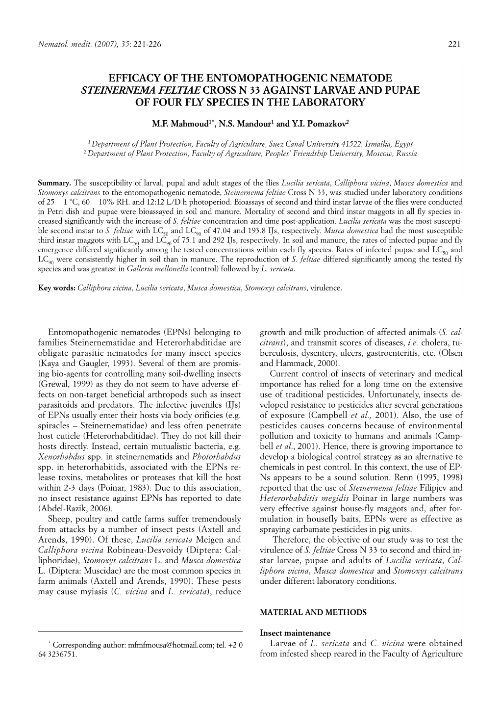 Efficacy of the Entomopathogenic Nematode Steinernema Feltiae Cross N 33 Against Larvae and Pupae of Four Fly Species in the Laboratory