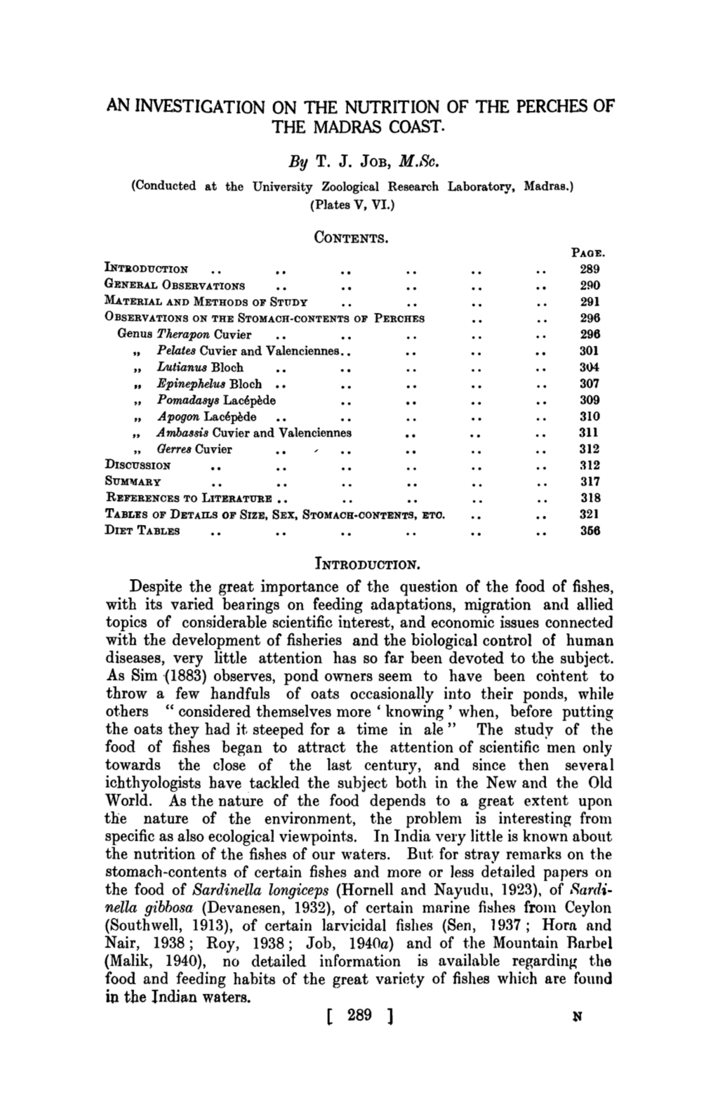 An Investigation on the Nutrition of the Perches of the Madras Coast