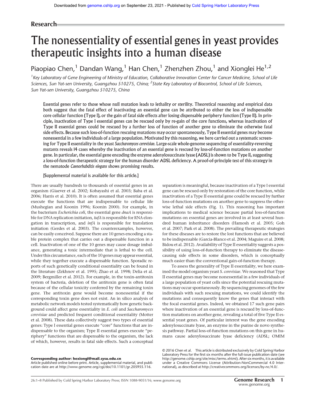 The Nonessentiality of Essential Genes in Yeast Provides Therapeutic Insights Into a Human Disease