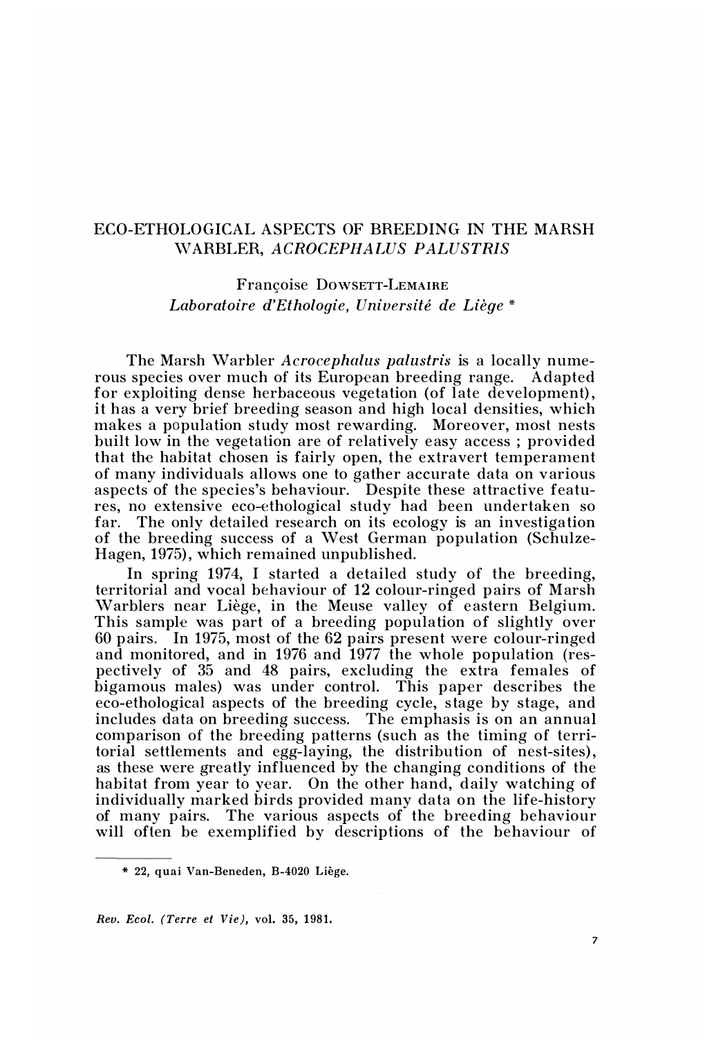 ECO-ETHOLOGICAL ASPECTS of BREEDING in the MARSH Vvarbler, ACROCEPHALUS PALUS TRIS