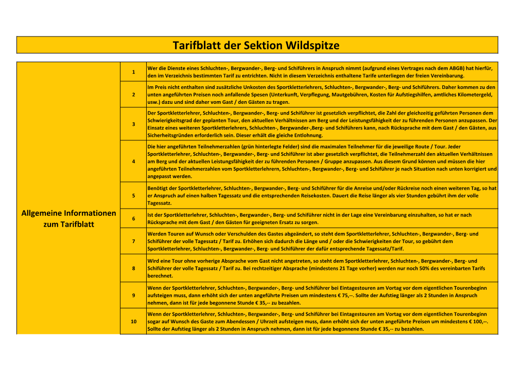 Tarifblatt Der Sektion Wildspitze