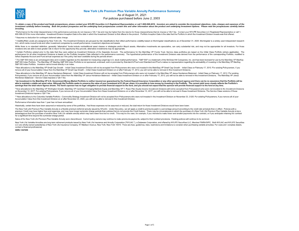 New York Life Premium Plus Variable Annuity Performance Summary As of August 31, 2021 for Policies Purchased Before June 2, 2003