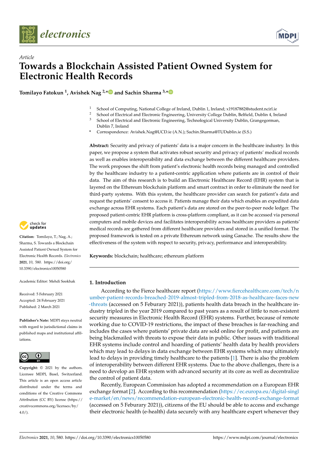 Towards a Blockchain Assisted Patient Owned System for Electronic Health Records