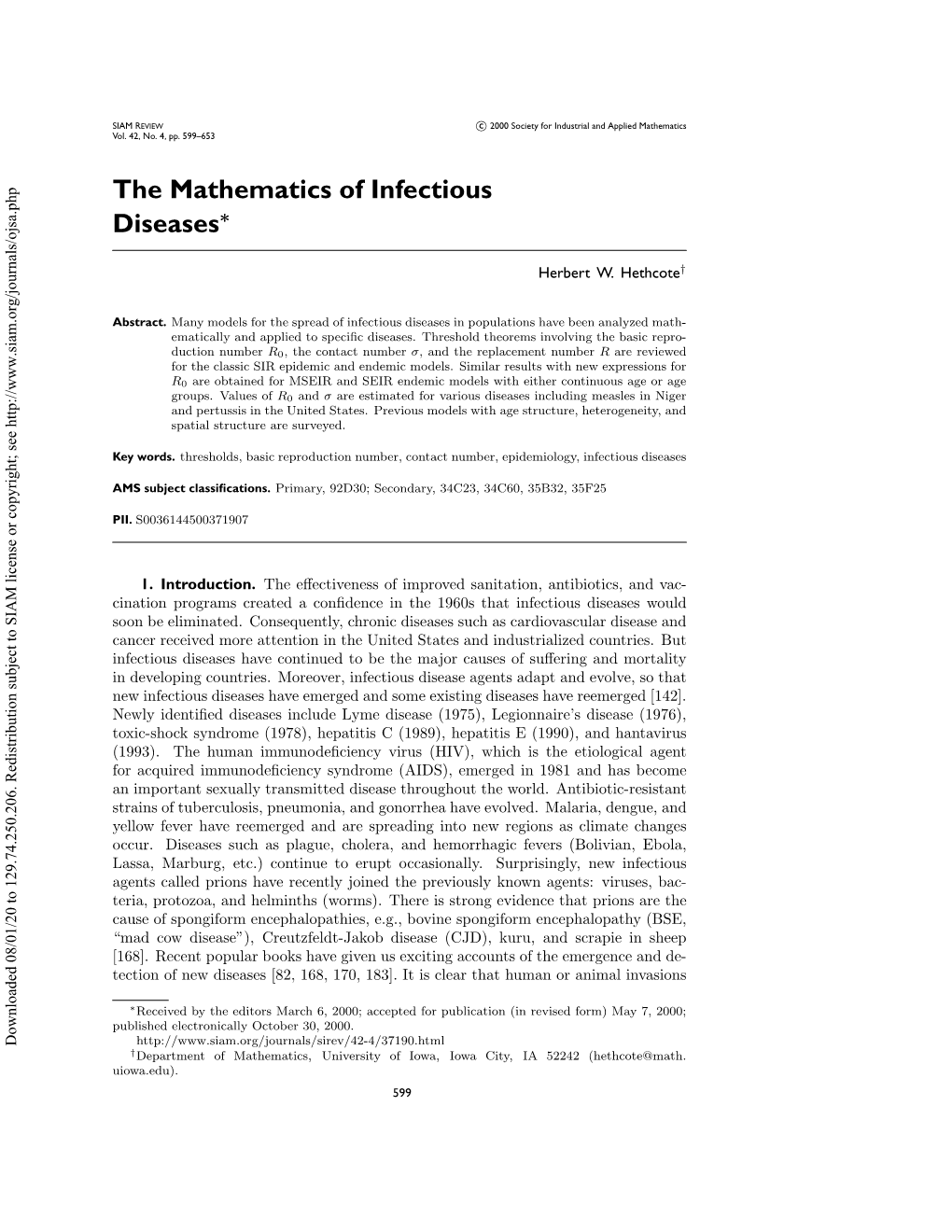 The Mathematics of Infectious Diseases | SIAM Review