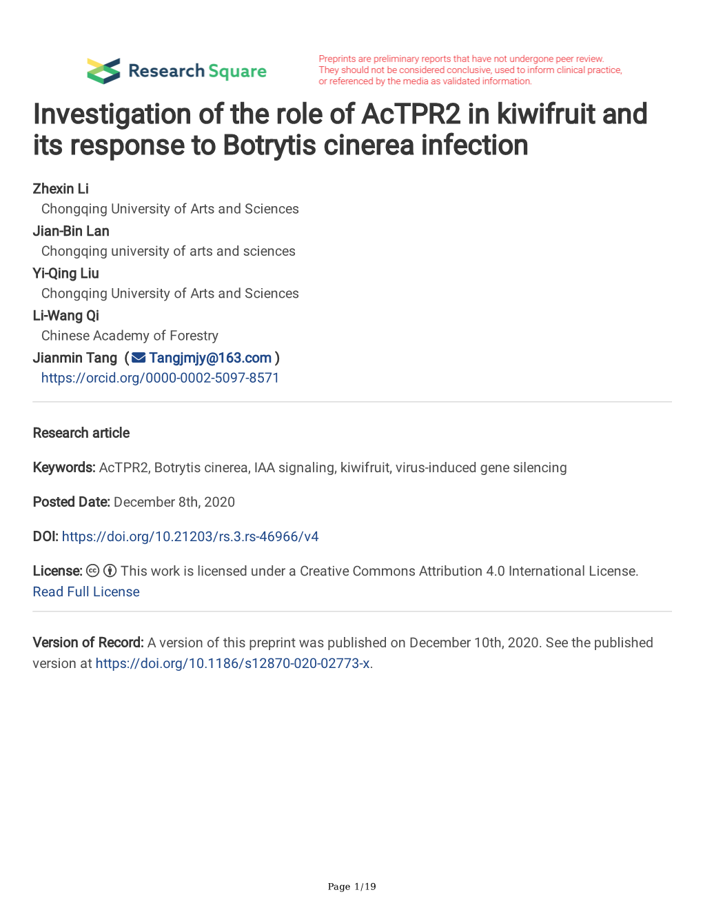 Investigation of the Role of Actpr2 in Kiwifruit and Its Response to Botrytis Cinerea Infection