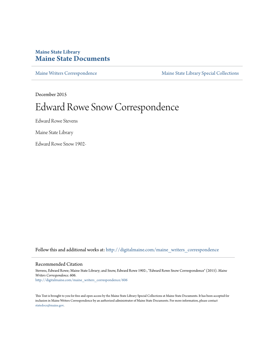 Edward Rowe Snow Correspondence Edward Rowe Stevens