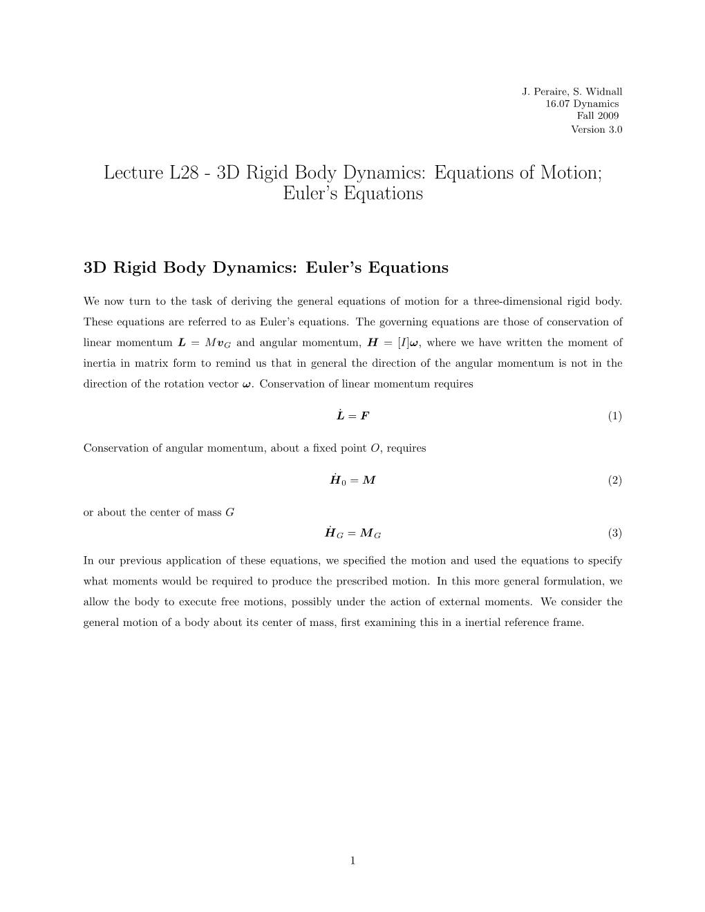 Lecture 28 3D Rigid Body Dynamics: Equations of Motion