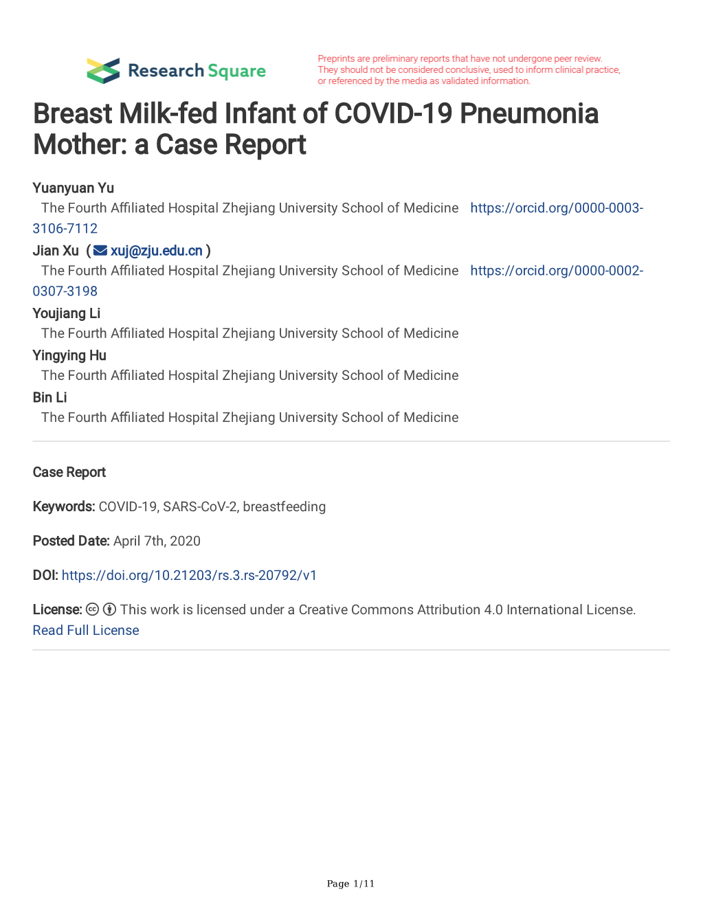 Breast Milk-Fed Infant of COVID-19 Pneumonia Mother: a Case Report