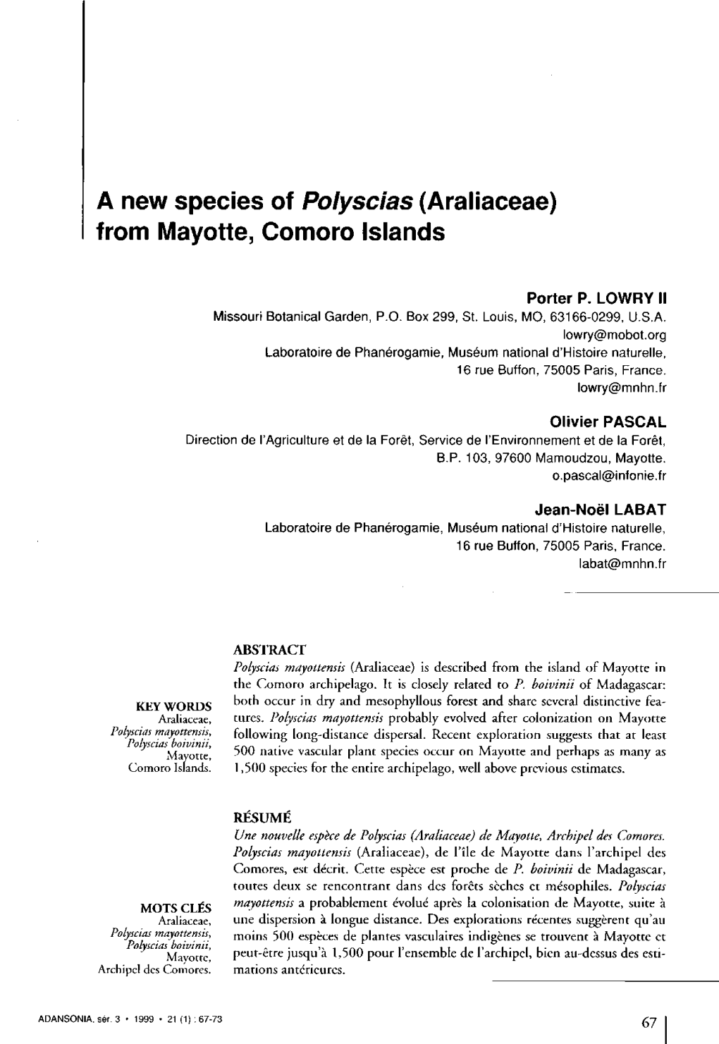 A New Species of Polyscias (Araliaceae) from Mayotte, Comoro Islands