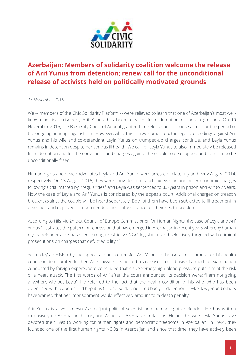 Members of Solidarity Coalition Welcome the Release of Arif Yunus