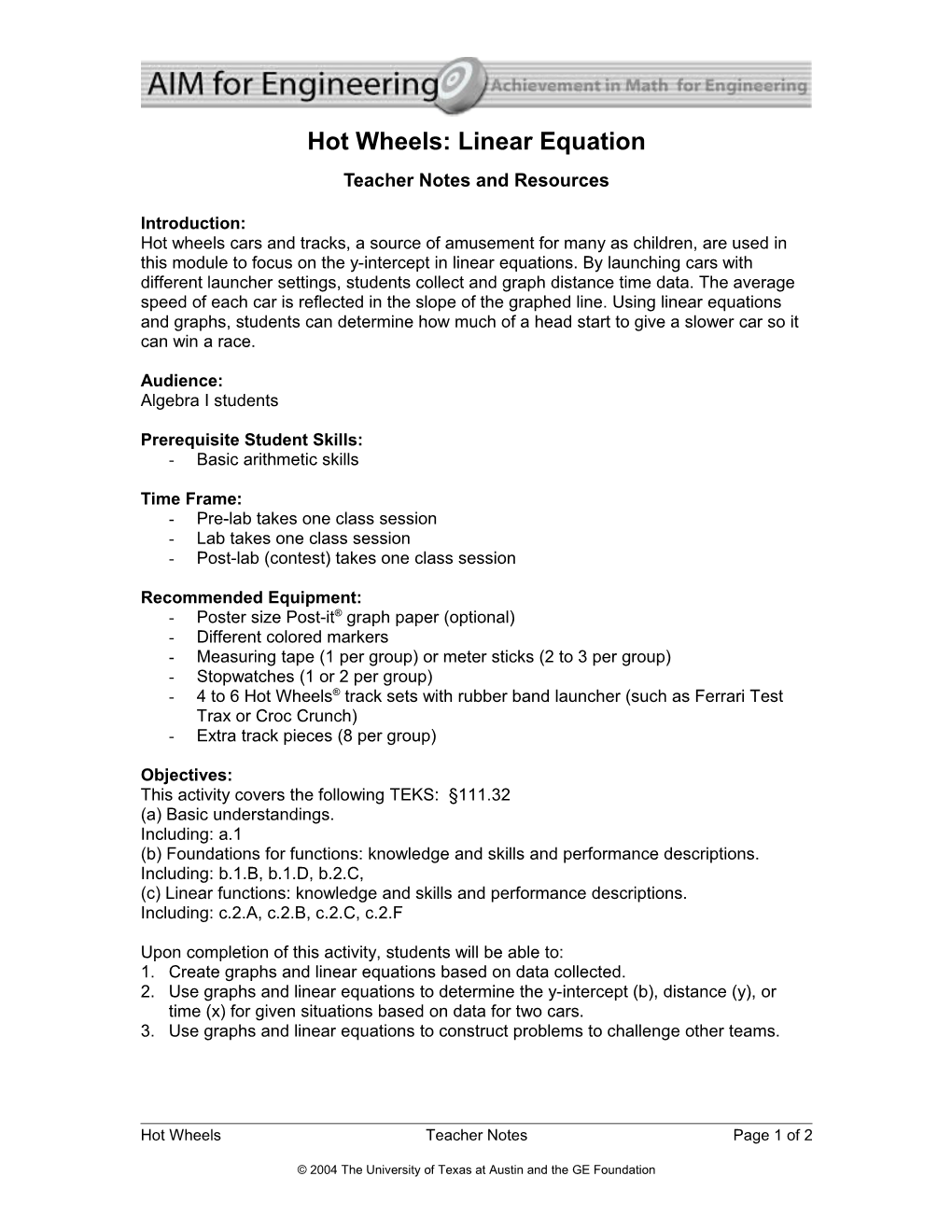 Hot Wheels: Linear Equation