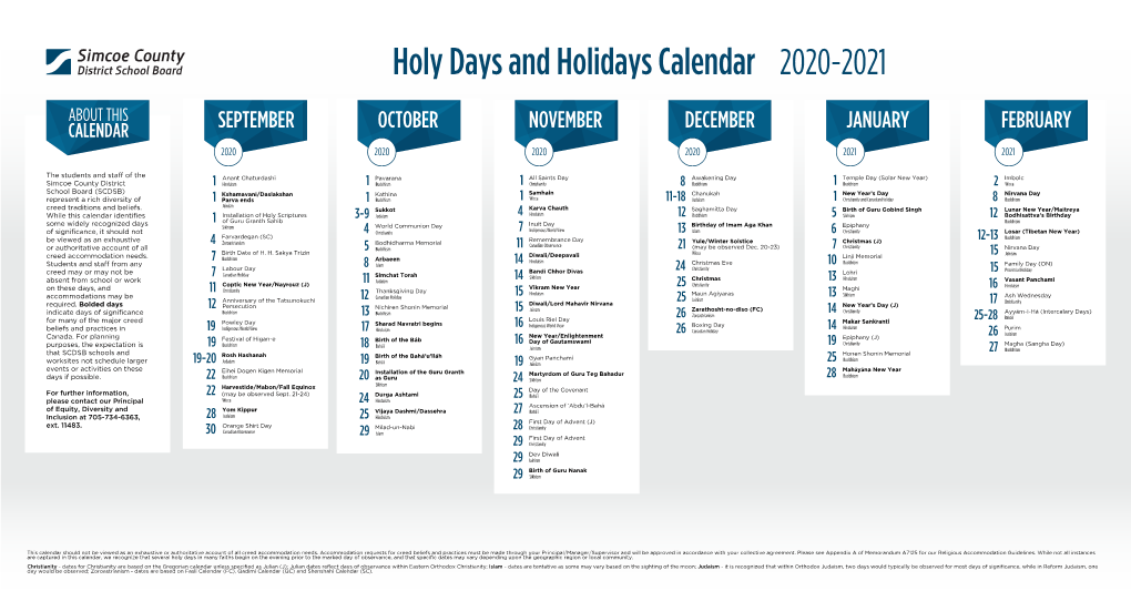 Holy Days and Holidays Calendar 2020-2021