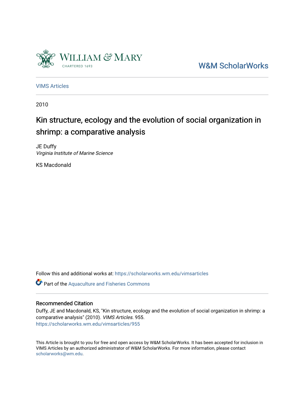 Kin Structure, Ecology and the Evolution of Social Organization in Shrimp: a Comparative Analysis