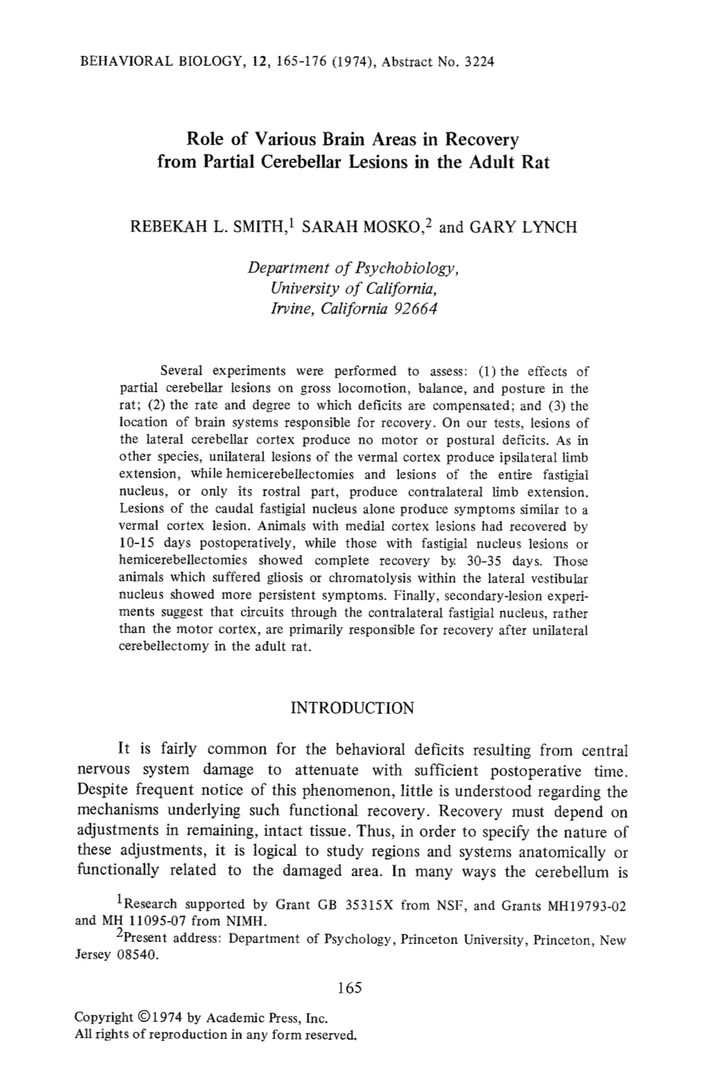 Role of Various Brain Areas in Recovery from Partial Cerebellar Lesions in the Adult Rat