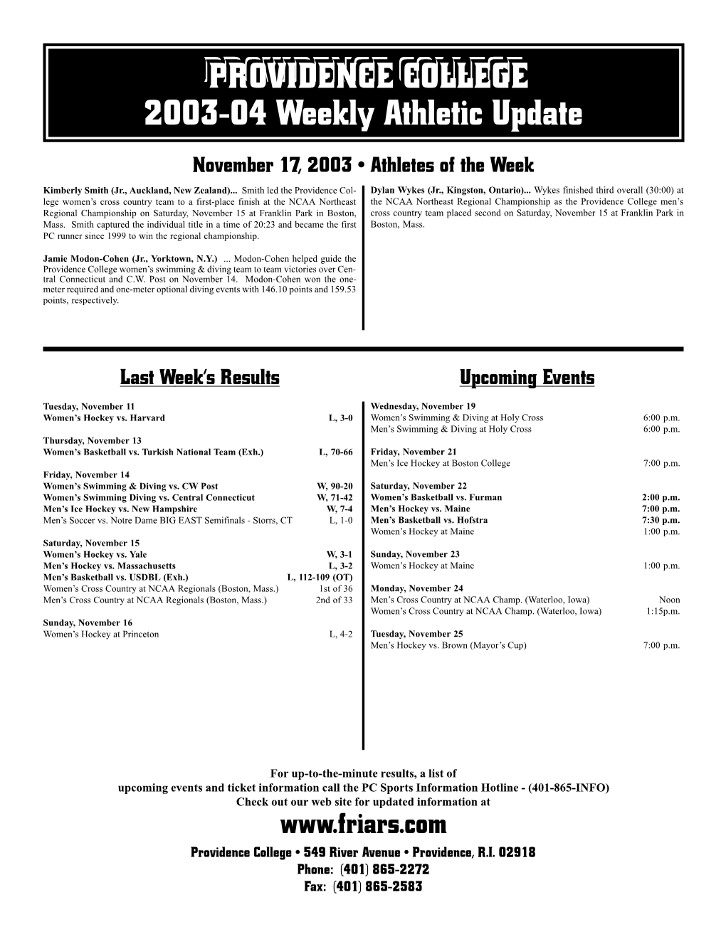 PROVIDENCE COLLEGE 2003-04 Weekly Athletic Update
