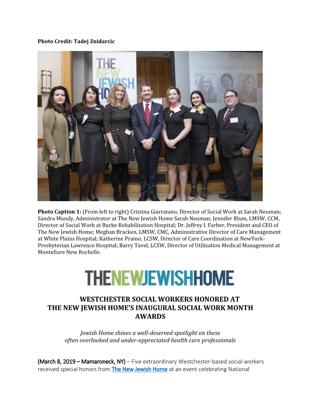 Westchester Social Workers Honored at the New Jewish Home’S Inaugural Social Work Month Awards