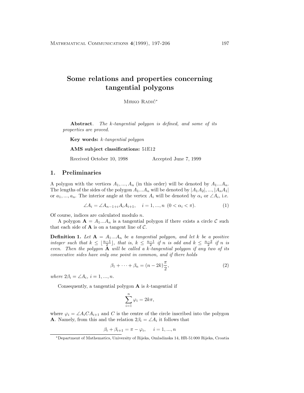 Some Relations and Properties Concerning Tangential Polygons