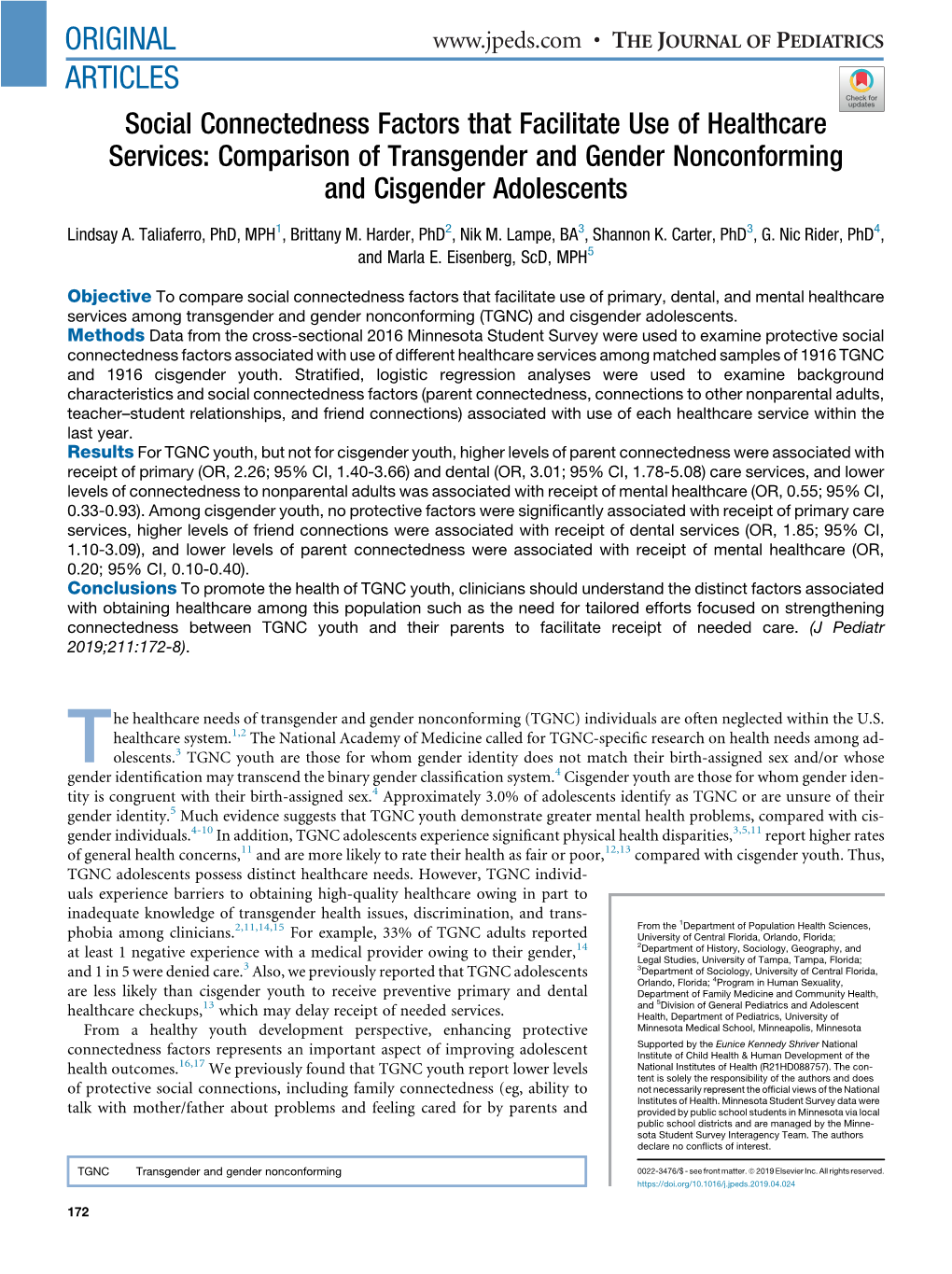 Social Connectedness Factors That Facilitate Use of Healthcare Services: Comparison of Transgender and Gender Nonconforming and Cisgender Adolescents