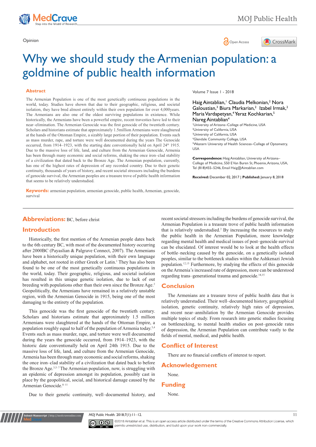 Why We Should Study the Armenian Population: a Goldmine of Public Health Information