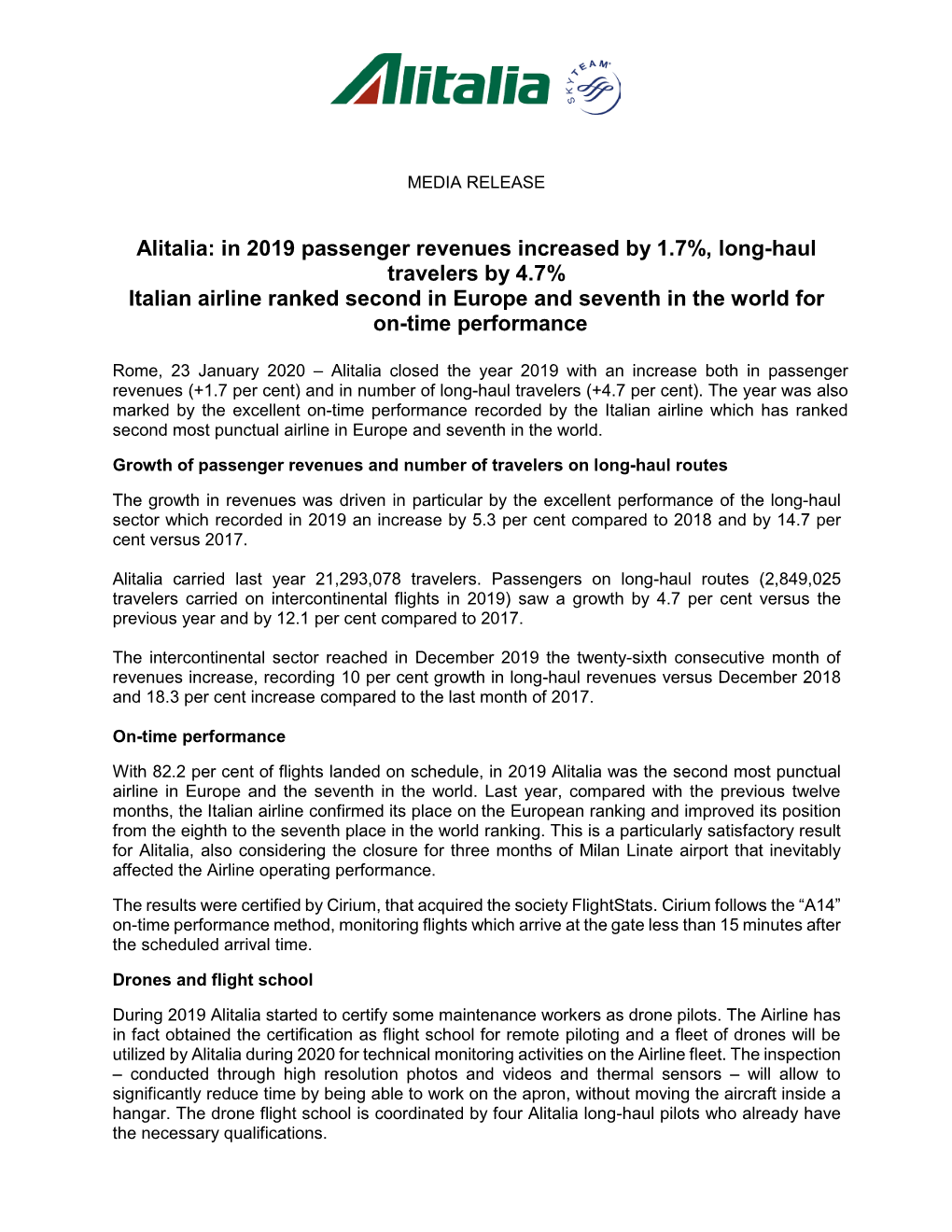 In 2019 Passenger Revenues Increased by 1.7%, Long-Haul Travelers by 4.7% Italian Airline Ranked Second in Europe and Seventh in the World for On-Time Performance