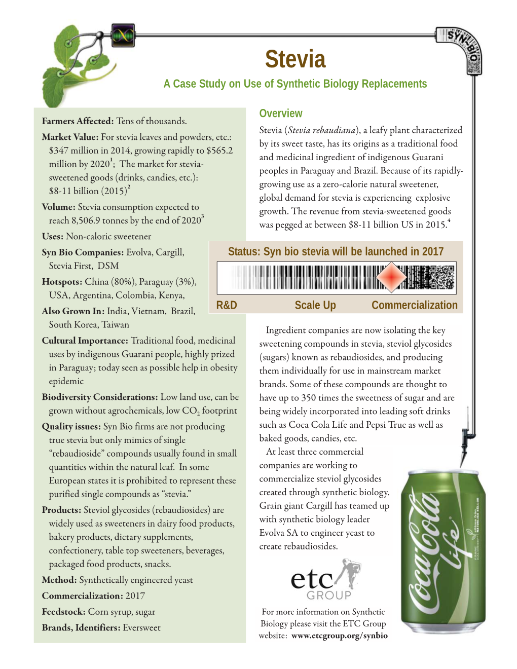 Stevia a Case Study on Use of Synthetic Biology Replacements