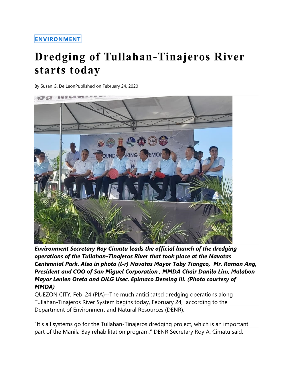 Dredging of Tullahan-Tinajeros River Starts Today