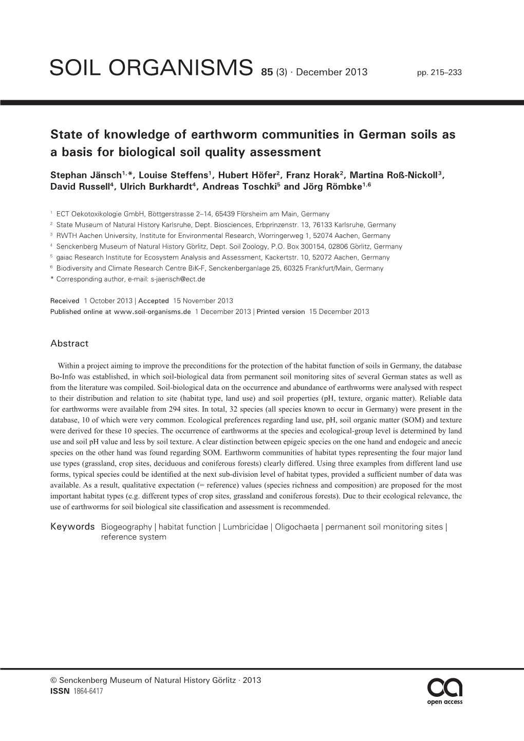 State of Knowledge of Earthworm Communities in German Soils As a Basis for Biological Soil Quality Assessment