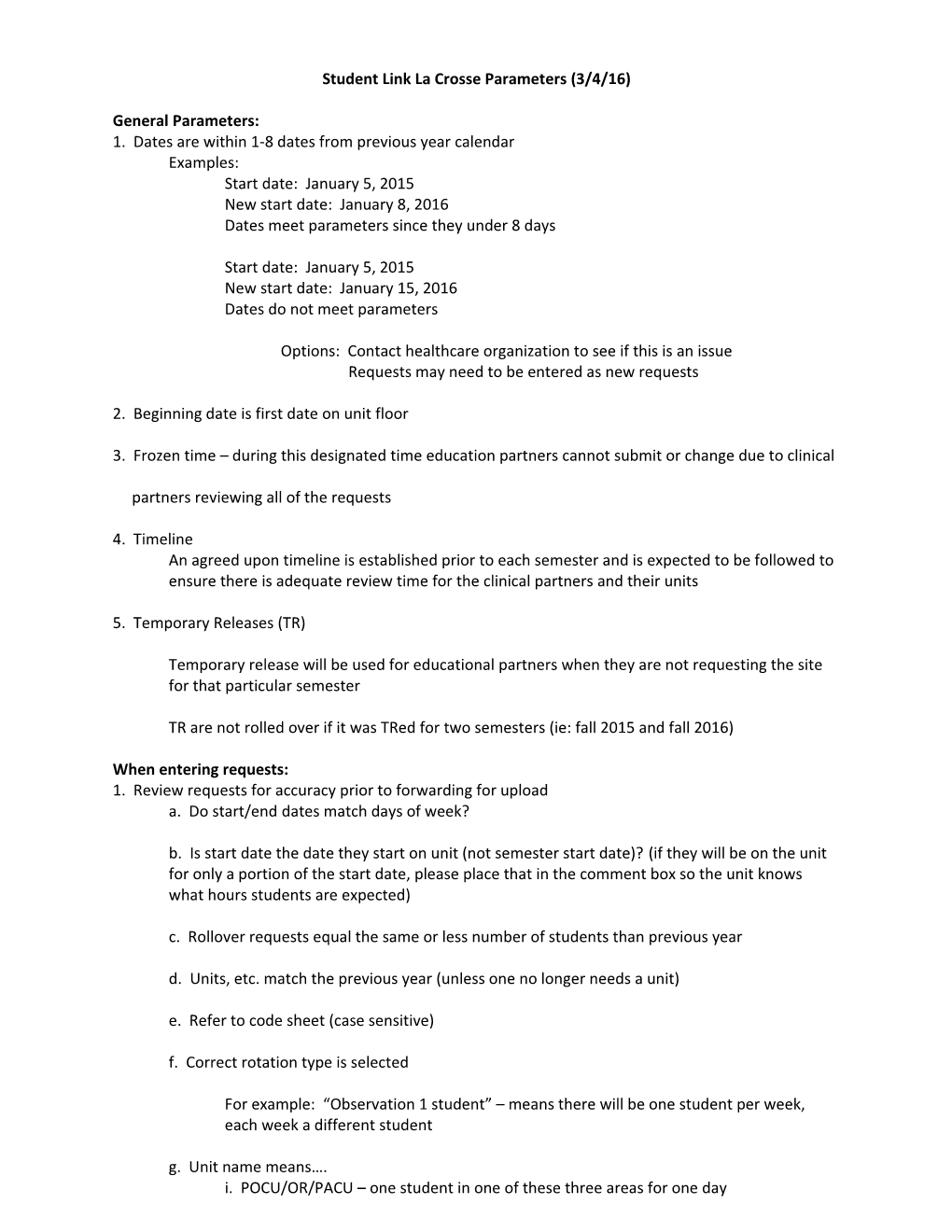 Student Link La Crosse Parameters (3/4/16)