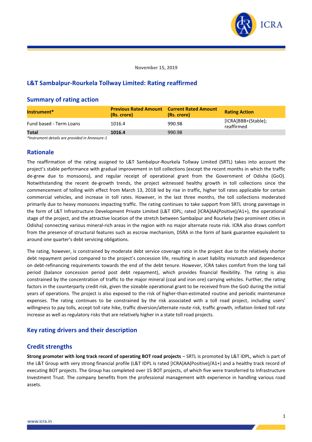 L&T Sambalpur-Rourkela Tollway Limited: Rating Reaffirmed Summary