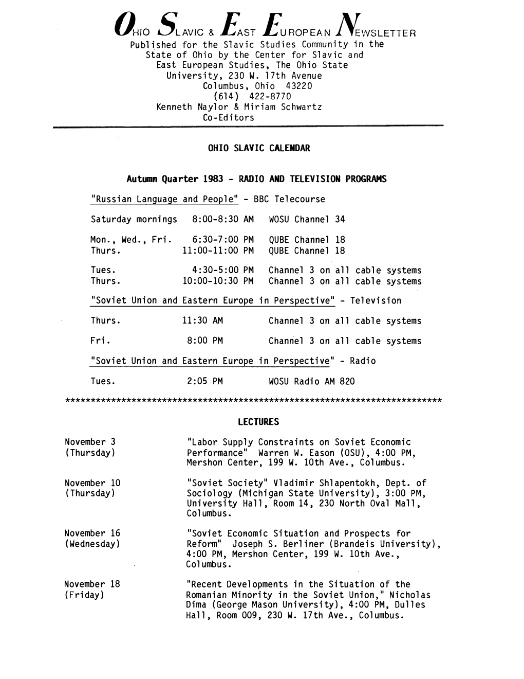 OHIO SLAVIC & £Sr £Uropean Newsletter