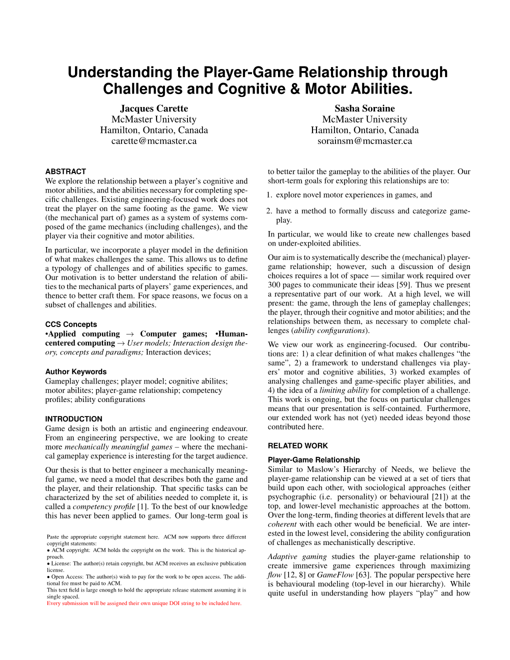 Understanding the Player-Game Relationship Through Challenges and Cognitive & Motor Abilities