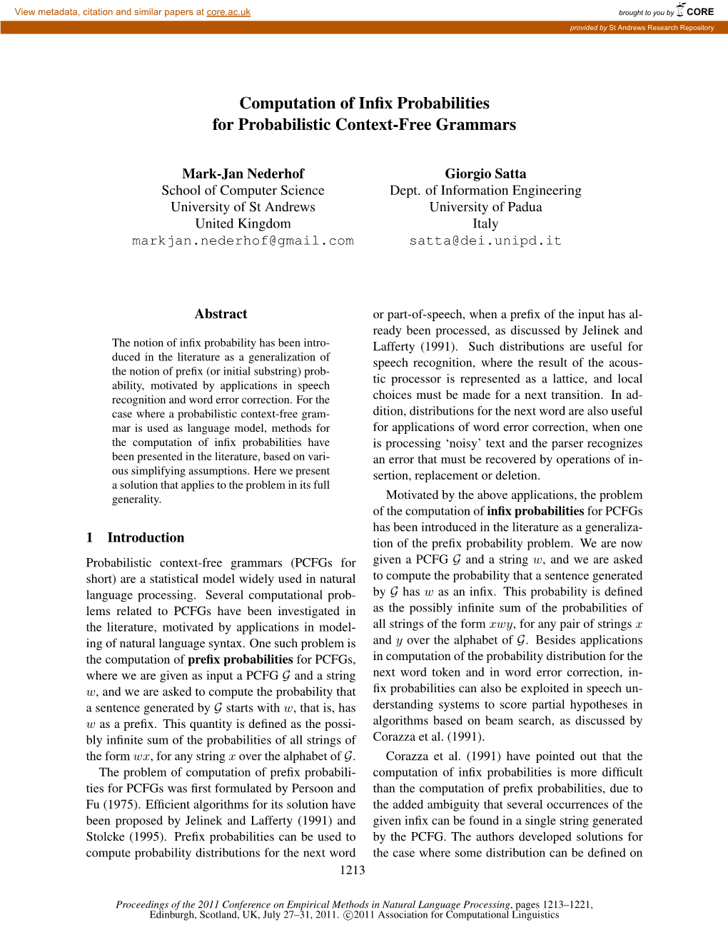 Computation of Infix Probabilities for Probabilistic Context-Free Grammars