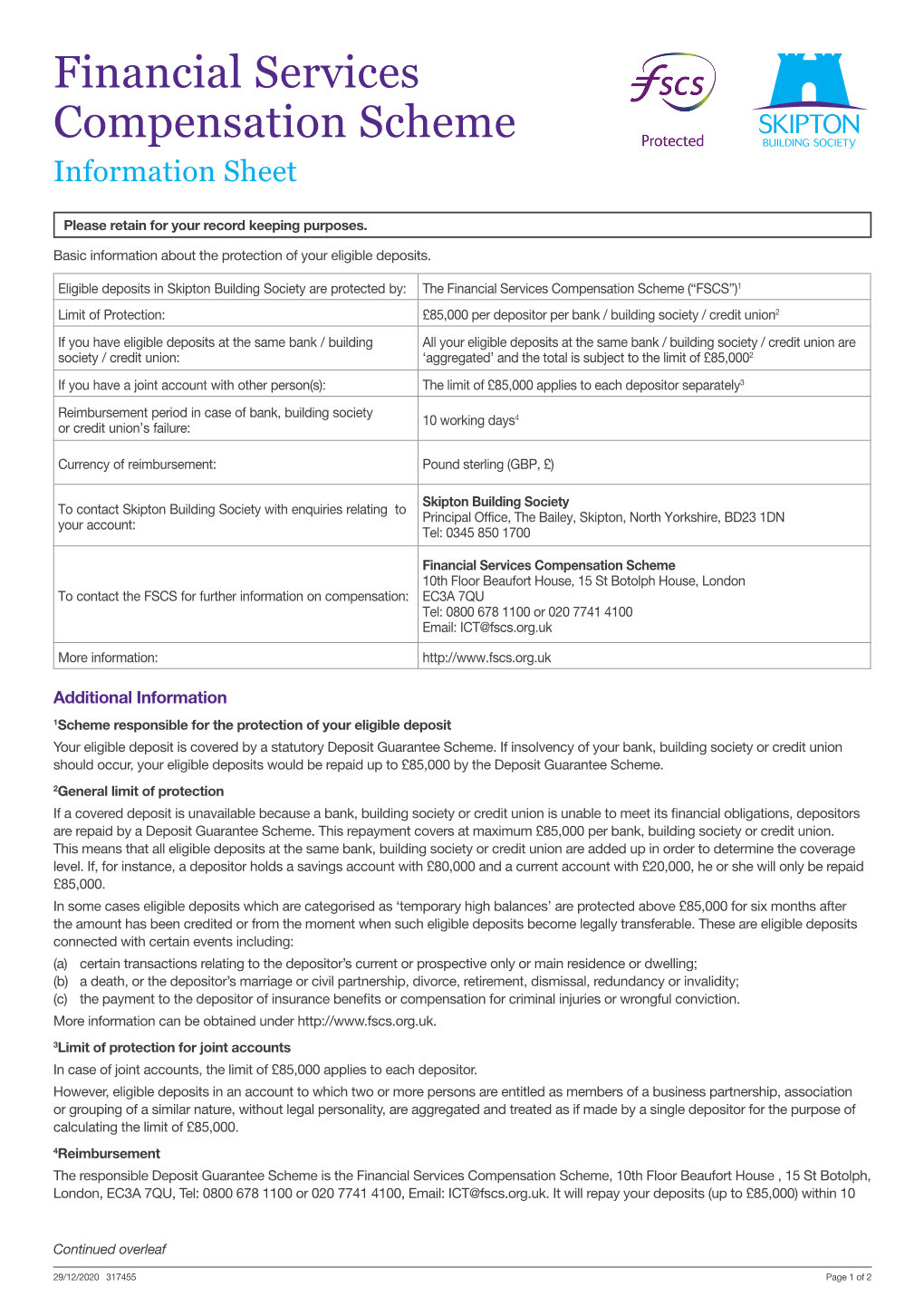 Financial Services Compensation Scheme Information Sheet