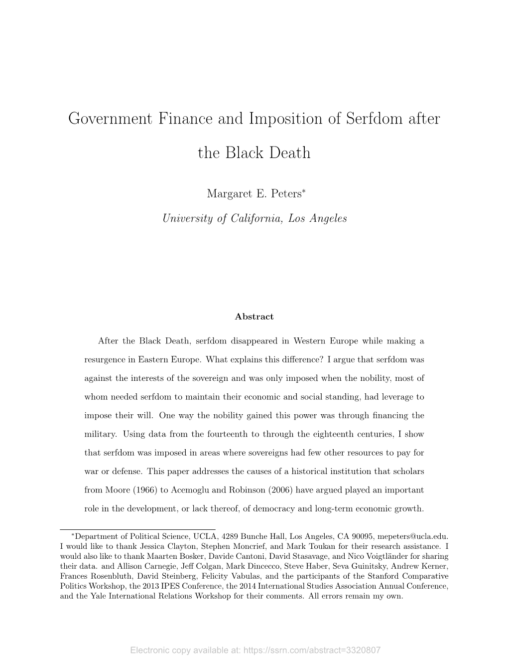 Government Finance and Imposition of Serfdom After the Black Death