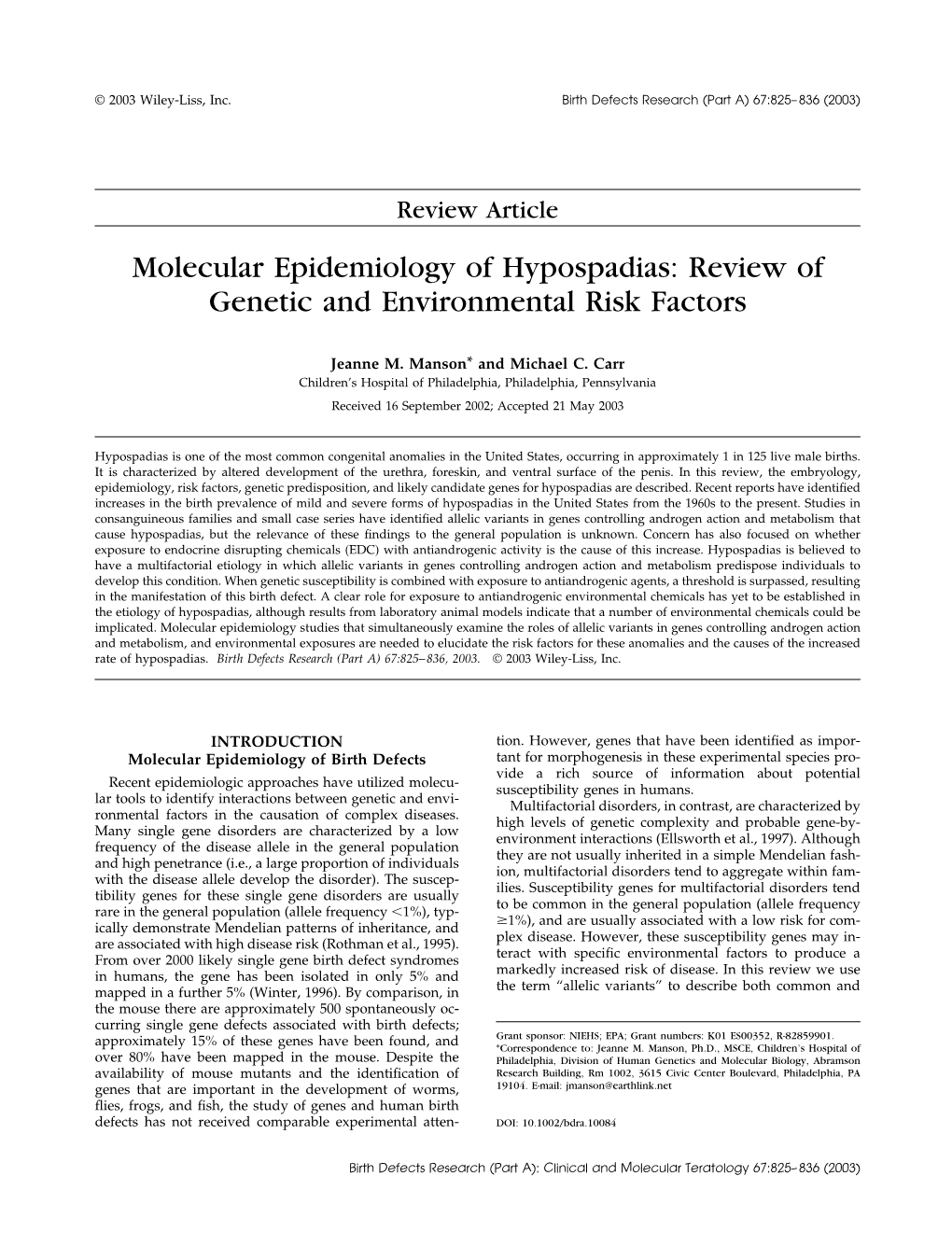 Molecular Epidemiology of Hypospadias: Review of Genetic and Environmental Risk Factors