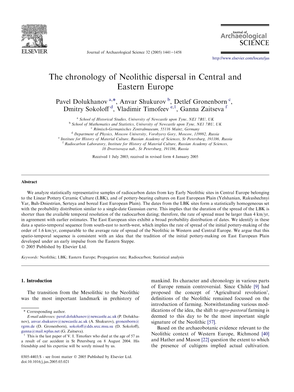 The Chronology of Neolithic Dispersal in Central and Eastern Europe