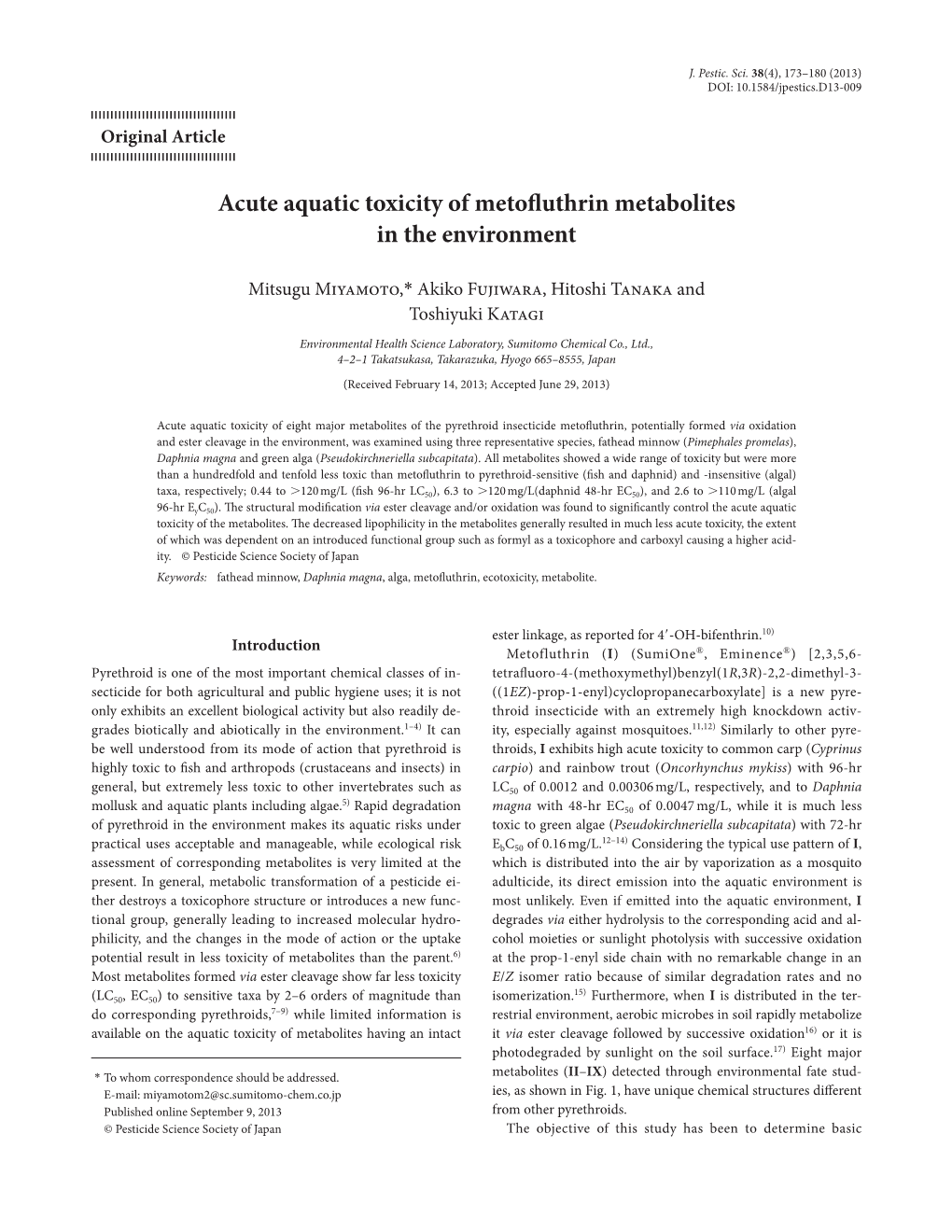 Acute Aquatic Toxicity of Metofluthrin Metabolites in the Environment