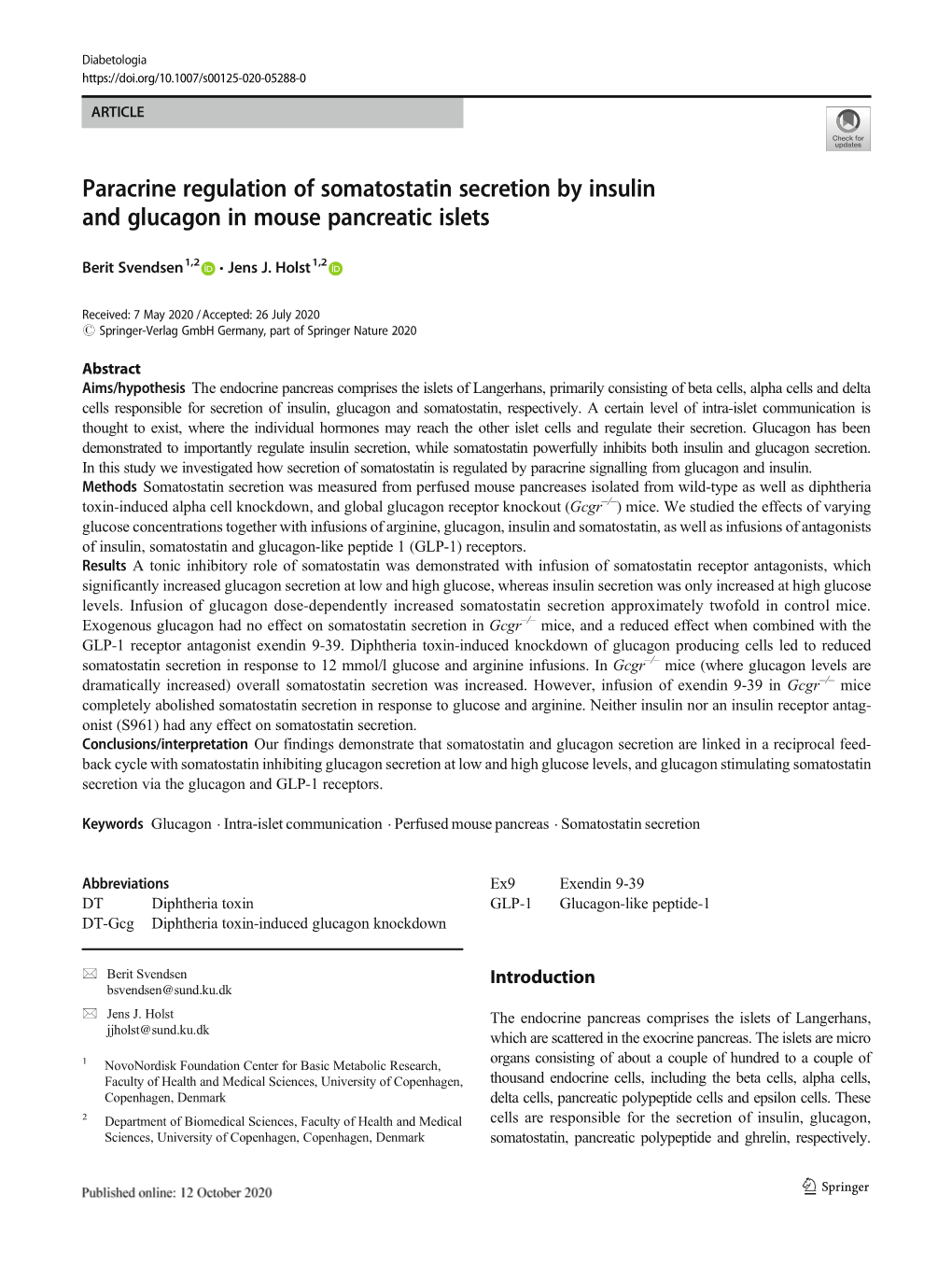 Paracrine Regulation of Somatostatin Secretion by Insulin and Glucagon in Mouse Pancreatic Islets