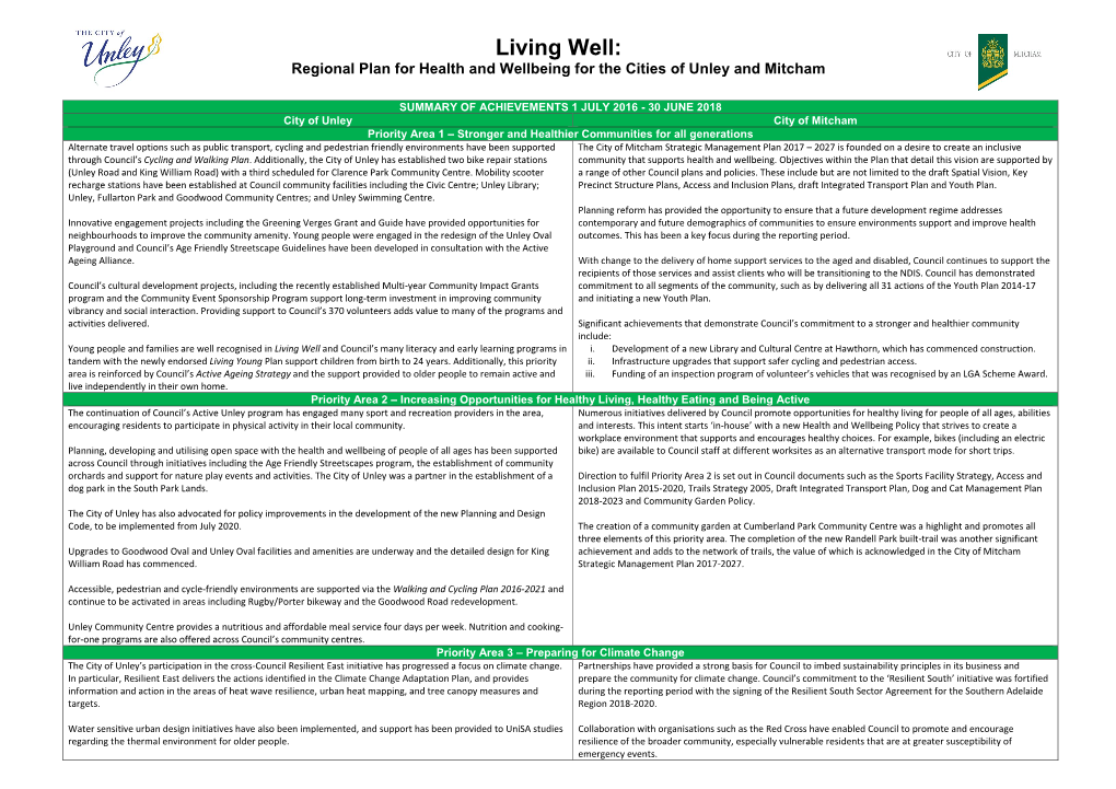 Living Well: Regional Plan for Health and Wellbeing for the Cities of Unley and Mitcham