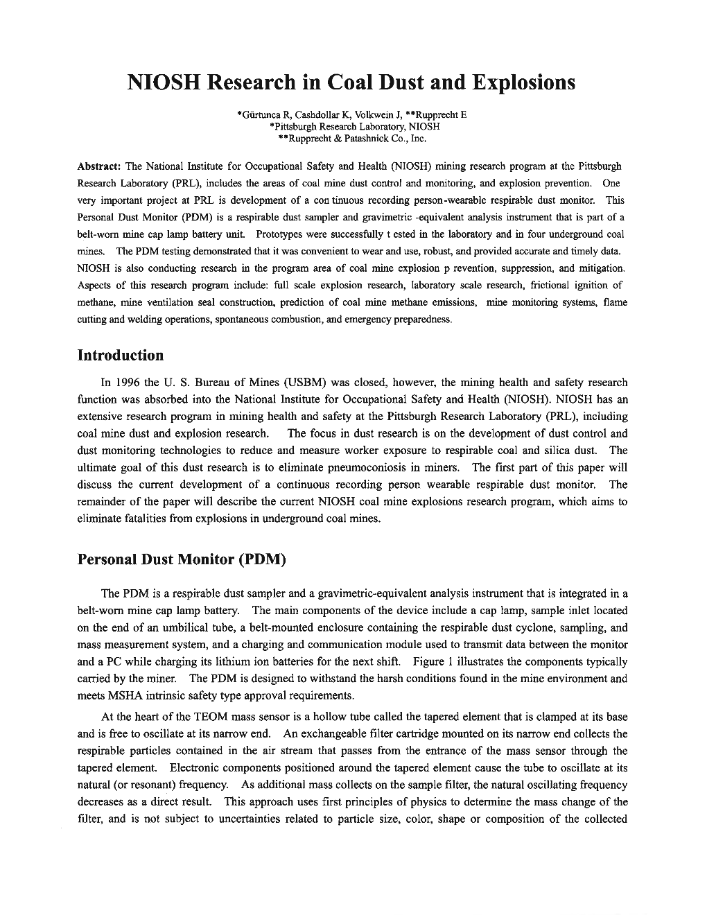 NIOSH Research in Coal Dust and Explosions