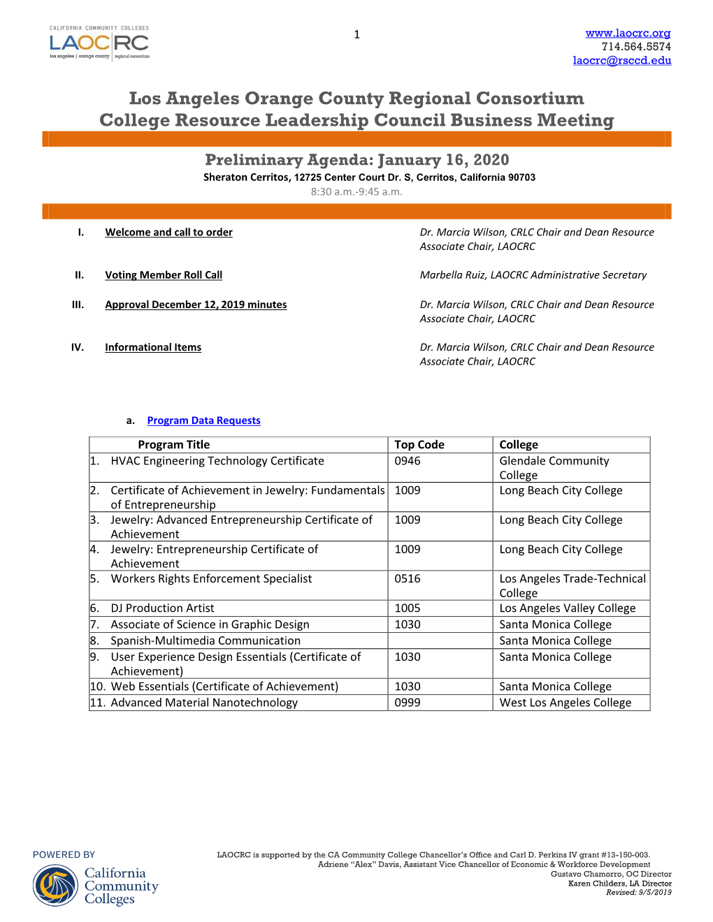 Los Angeles Orange County Regional Consortium College Resource Leadership Council Business Meeting