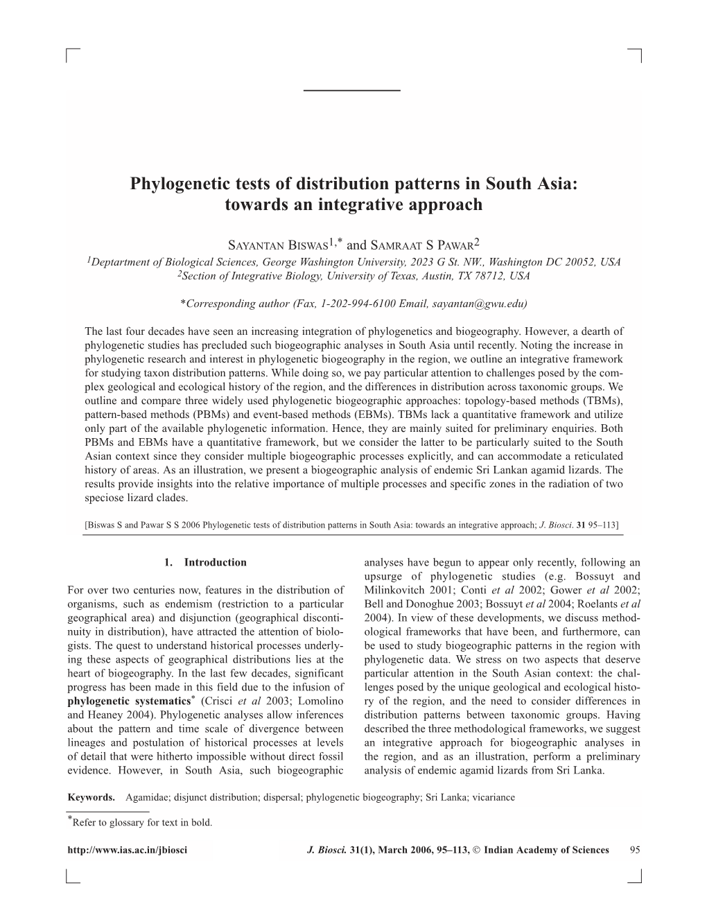 Phylogenetic Tests of Distribution Patterns in South Asia: Towards an Integrative Approach