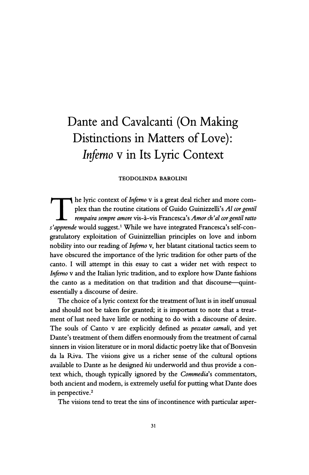 Dante and Cavalcanti(On Making Distinctionsin Mattersof Love): Infernov in Its Lyriccontext