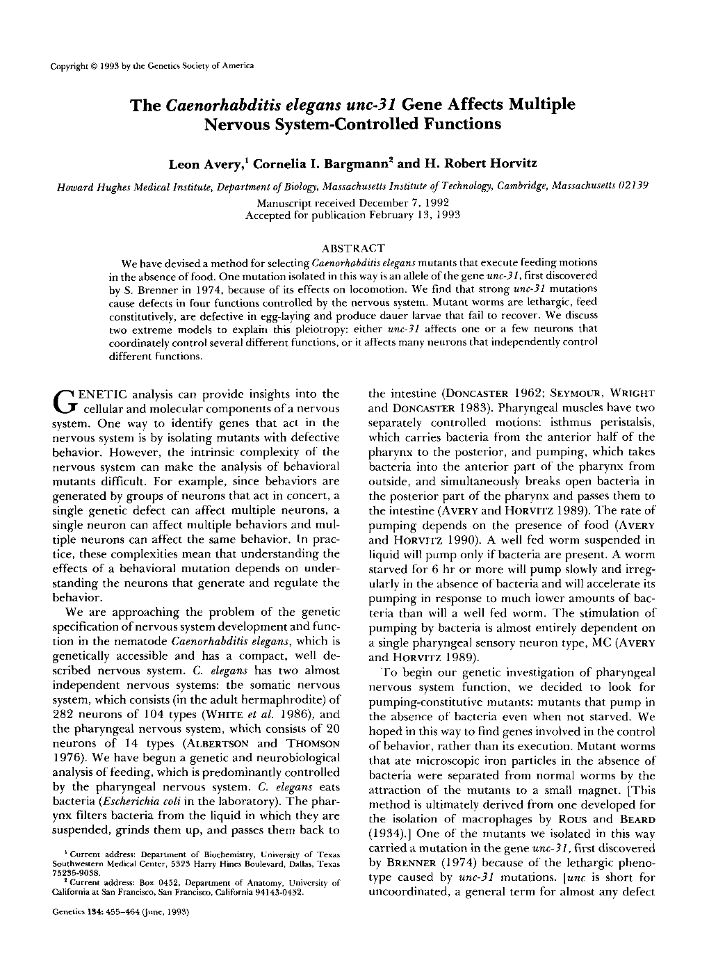 The Caenorhabditis Elegans Unc-31 Gene Affects Multiple Nervous System-Controlled Functions